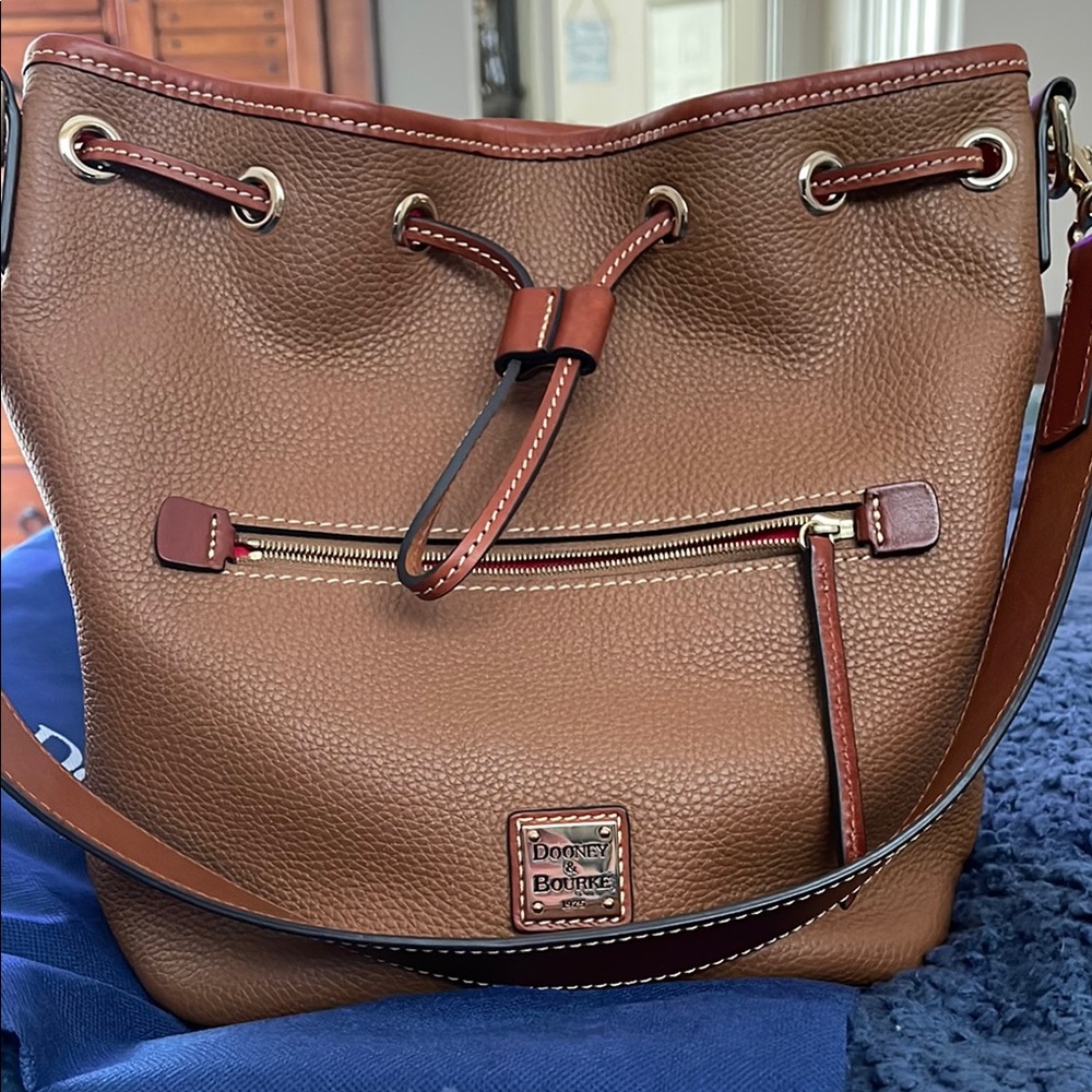 Dooney & Bourke Brown Shoulder Bag with Pebbled Leather and Drawstring Closure